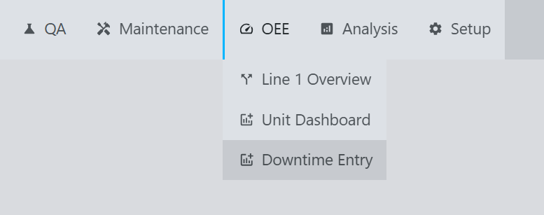 Navigation menu showing the Downtime Entry selection in the OEE module
