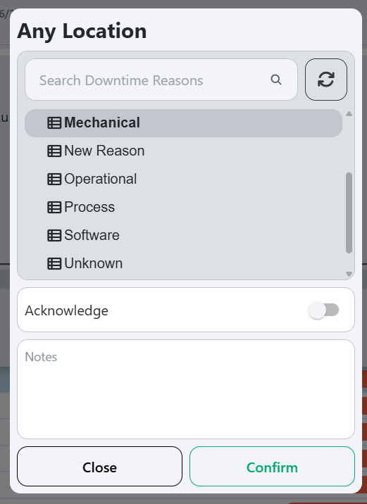 Downtime reason selection popup with hierarchical tree of reasons and notes field