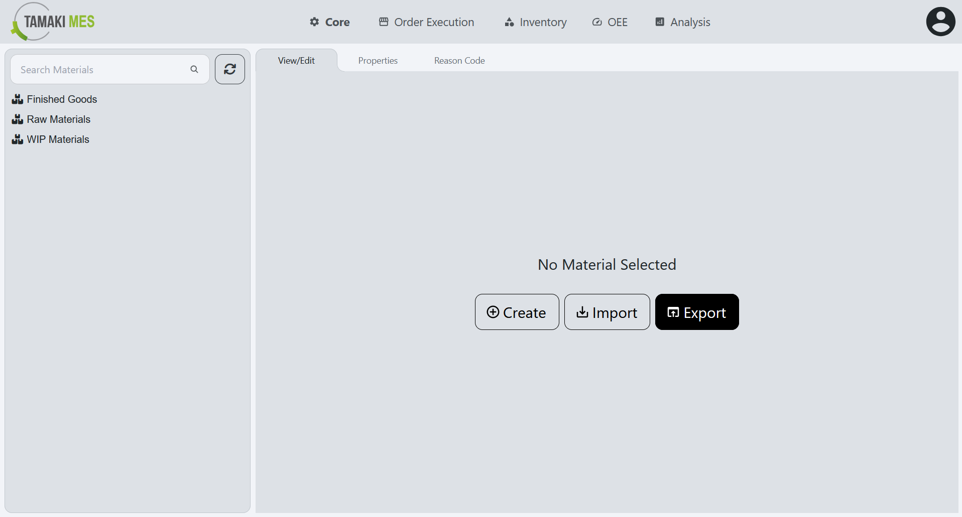 Materials Page with the export button highlighted on the default page