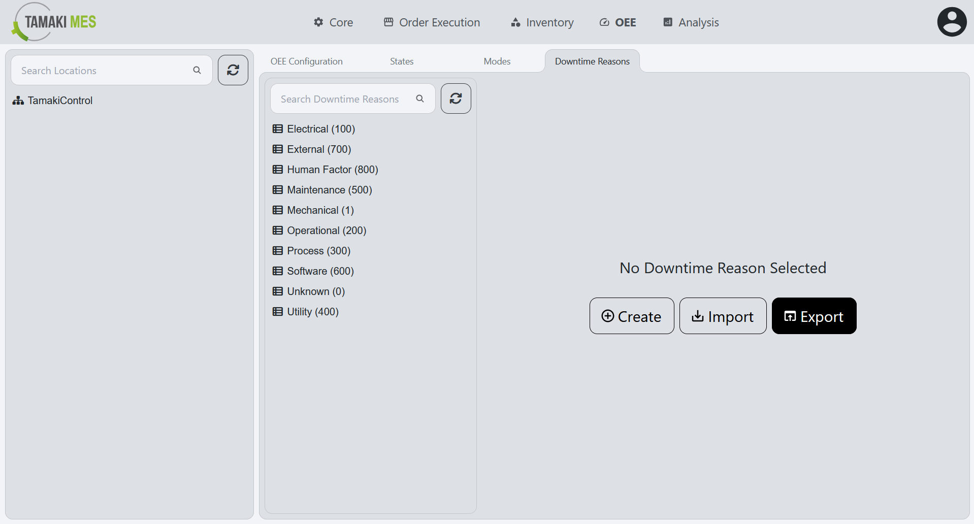 OEE Downtime Reasons Page with the export button highlighted on the default page