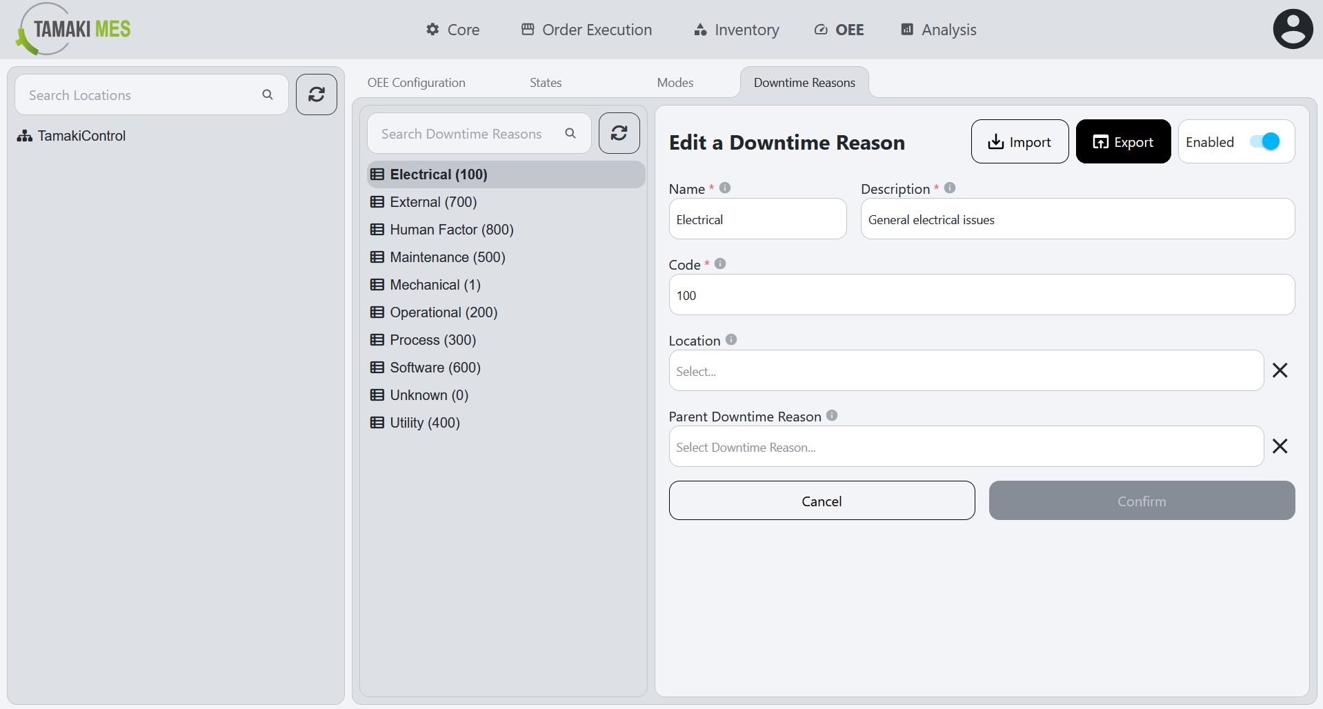 OEE Downtime Reasons Page with the export button highlighted when editing an OEE downtime reason