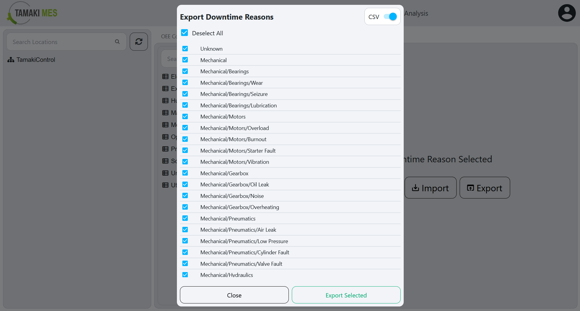 OEE Downtime Reasons Page with an export menu popup