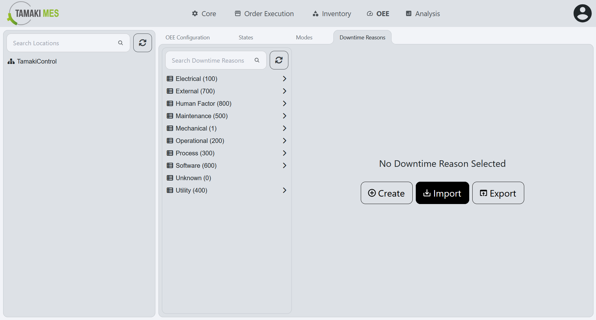 OEE Downtime Reasons Page with the import button highlighted on the default page