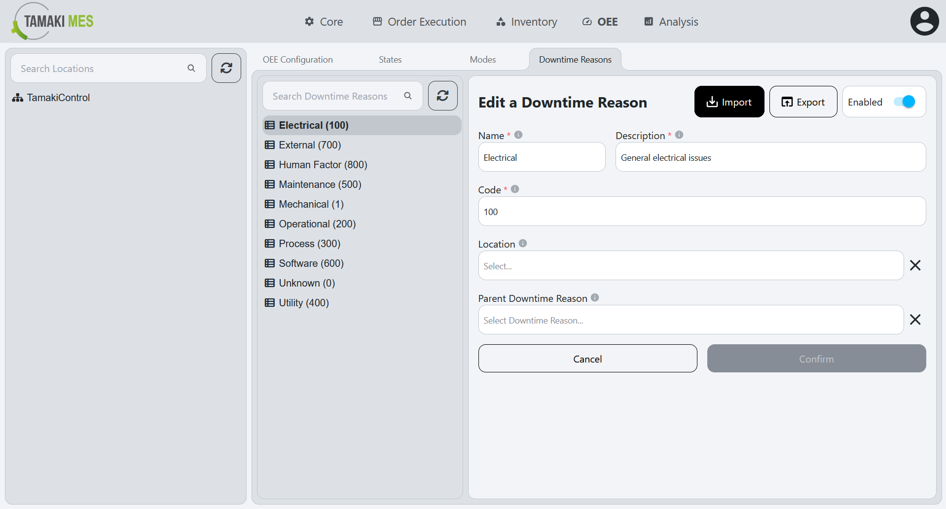 OEE Downtime Reasons Page with the import button highlighted when editing an OEE downtime reason
