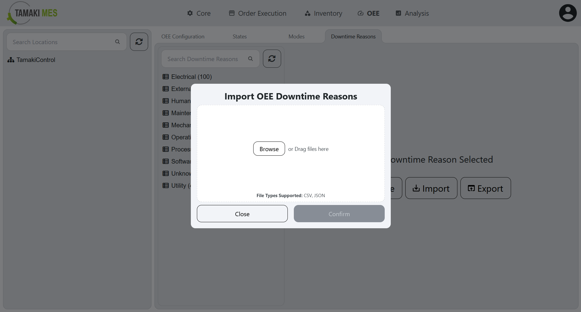 OEE Downtime Reasons Page with an import menu popup