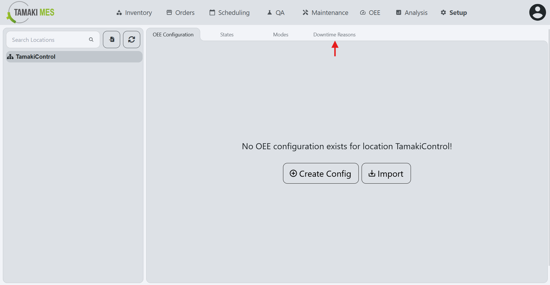 Navigation menu showing the OEE Downtime Reasons selection in the OEE Configuration page