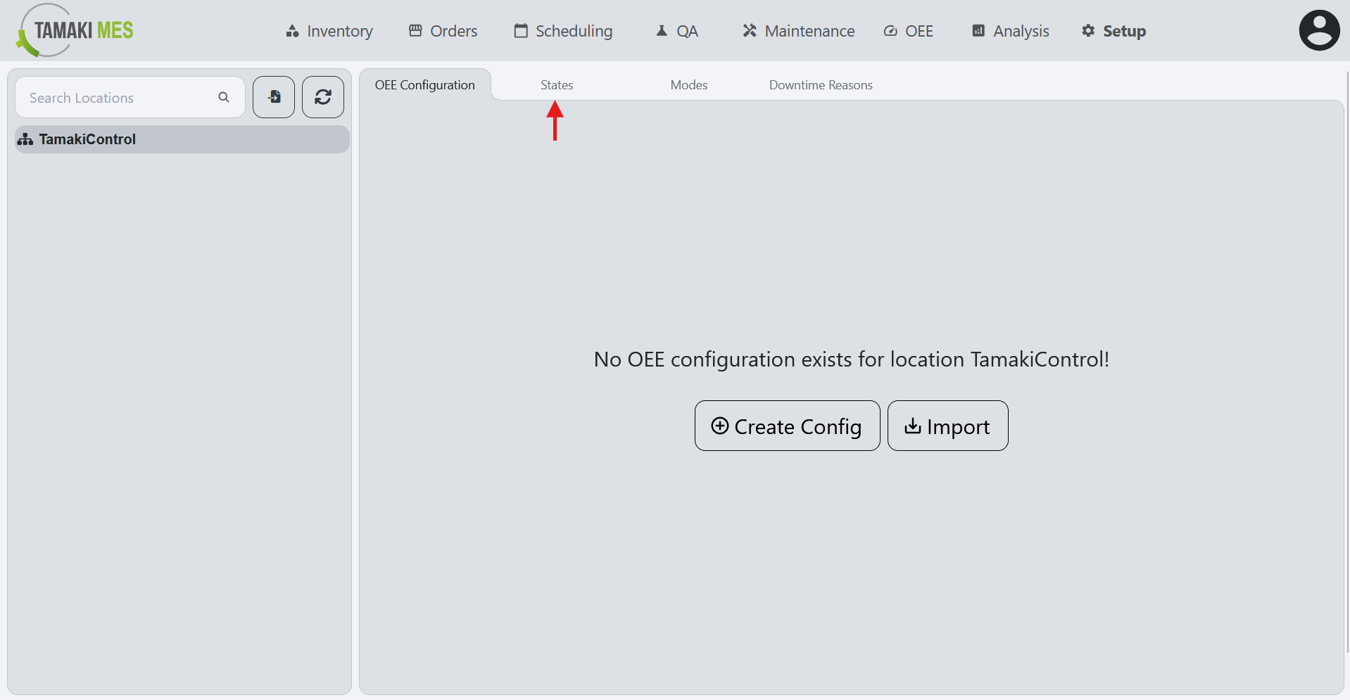 Navigation menu showing the OEE States selection in the OEE Configuration page