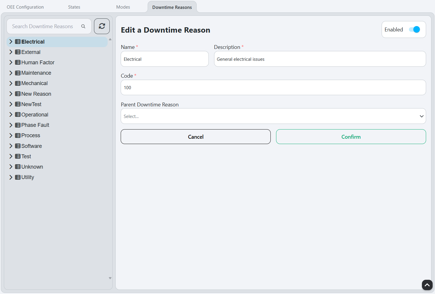 Downtime reasons configuration tab showing hierarchical tree of downtime reason categories