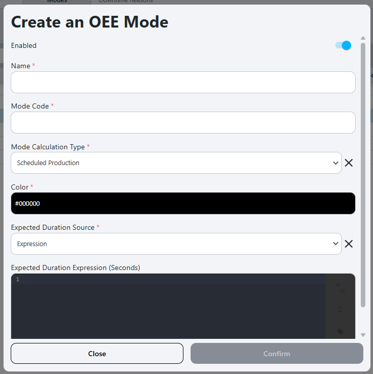 Create new mode popup with empty fields for defining mode properties