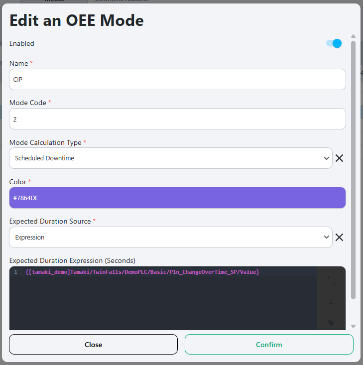 Edit mode popup with fields for mode name, code, calculation type and color selection