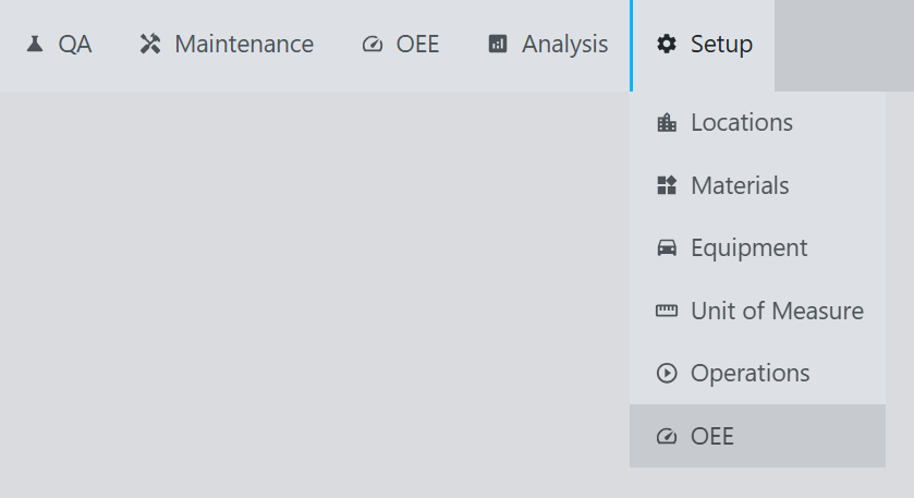 Navigation menu showing the Setup selection in the OEE module