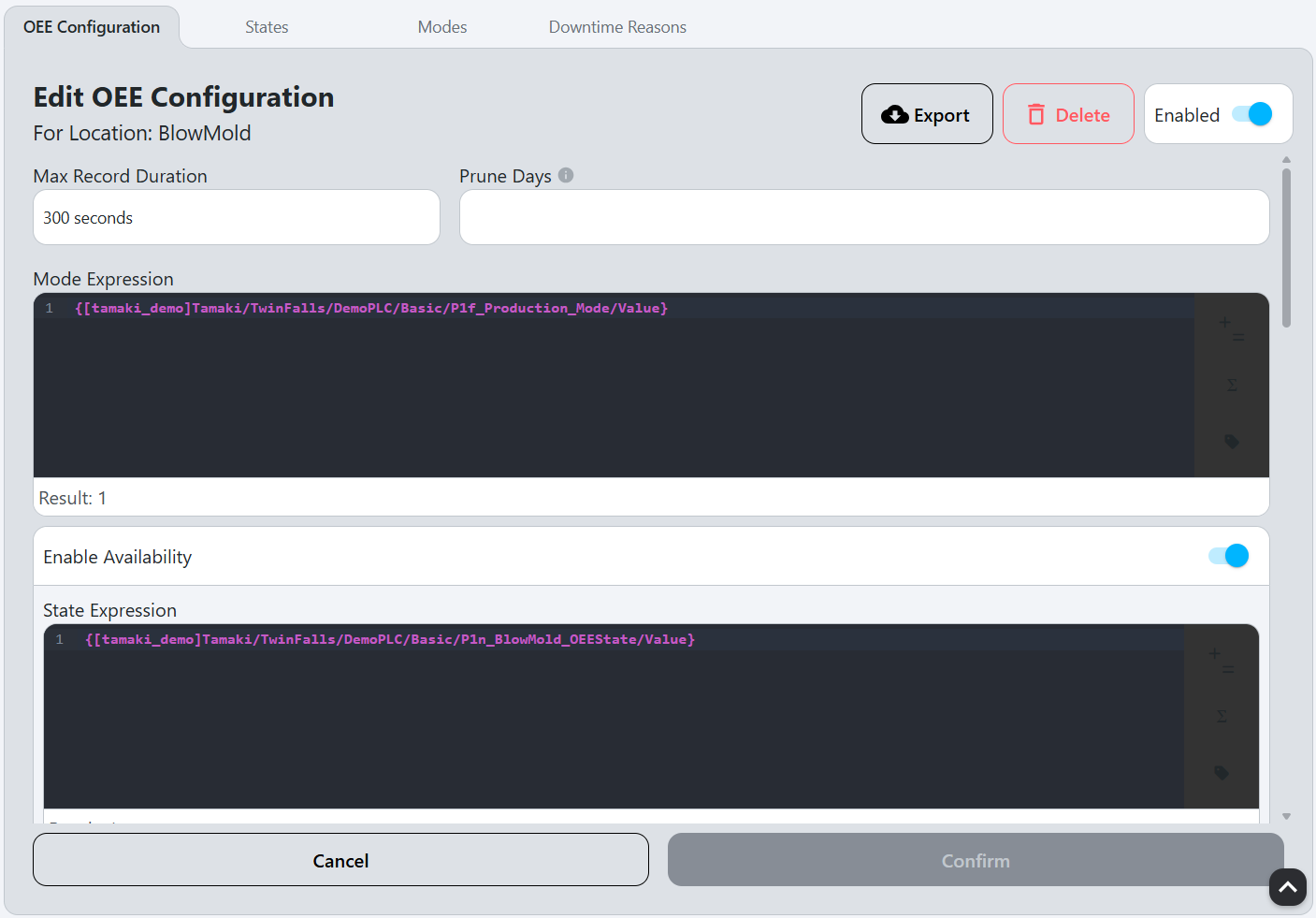 OEE Configuration tab with fields for modes, availability, performance and quality settings