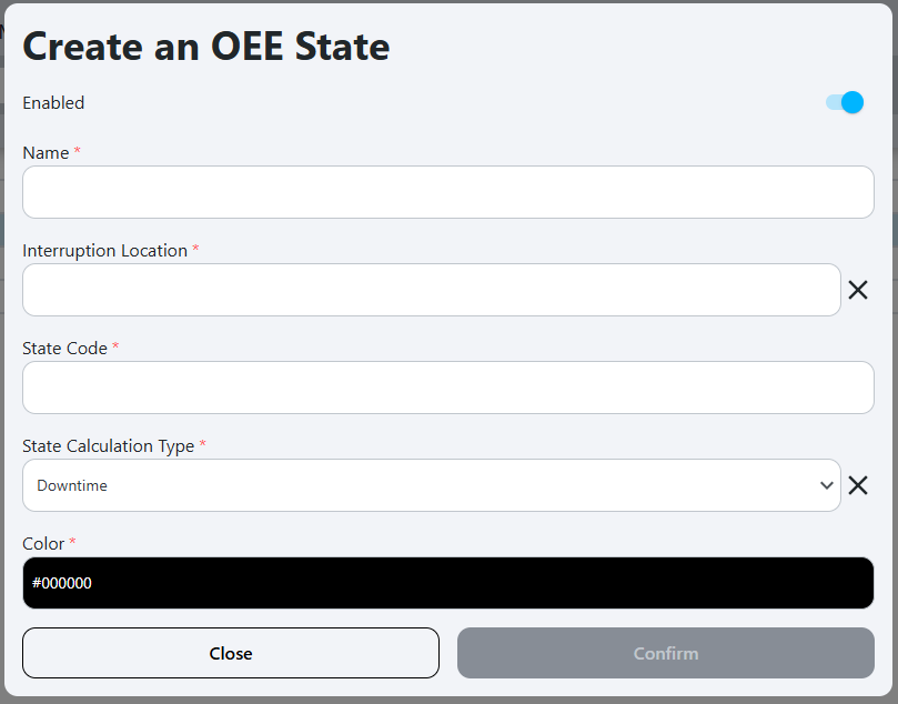 Create new state popup with empty fields for defining state properties