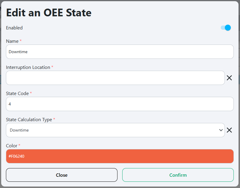 Edit state popup with fields for state name, code, calculation type and color selection