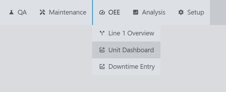 Navigation menu showing the Unit Dashboard selection in the OEE module