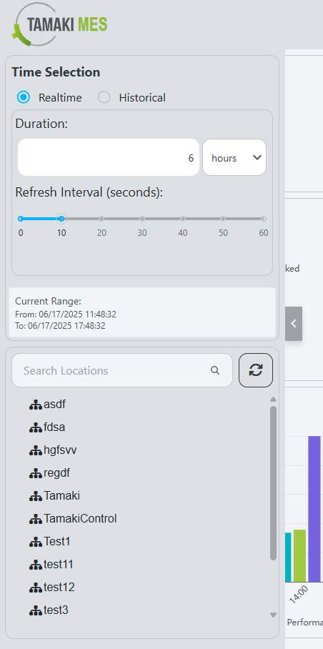 Time selection sidebar showing options to select time range for data display